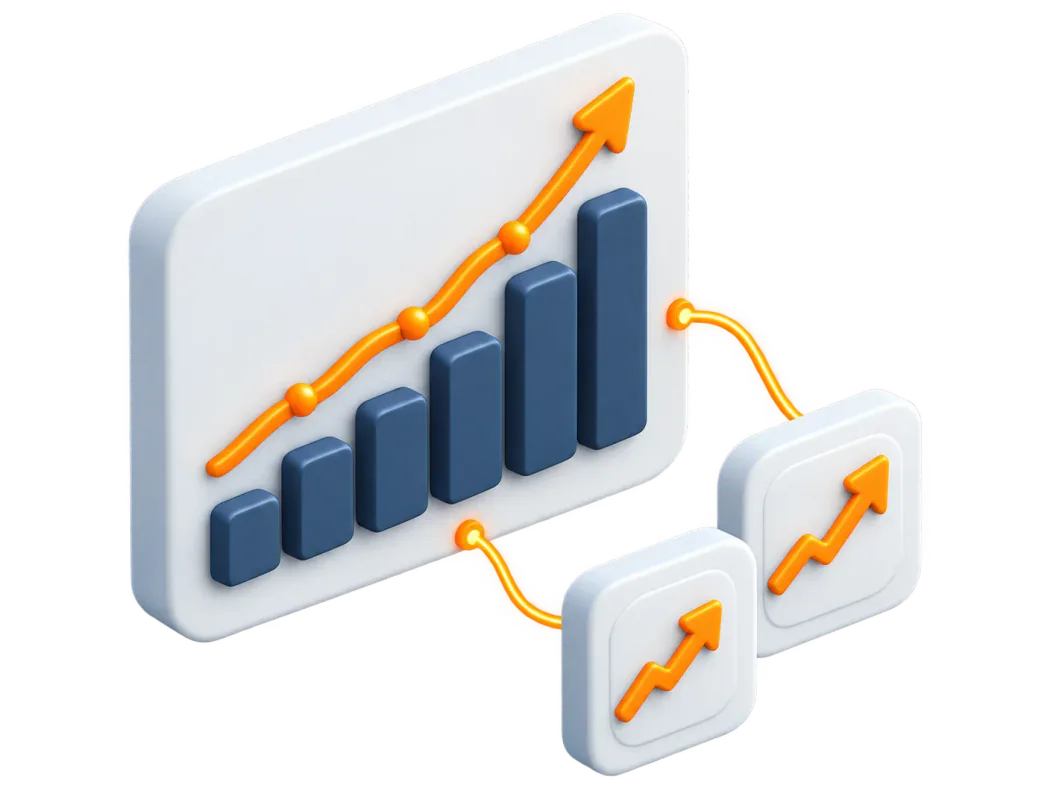 A floating dashboard with a rising curve, bars and two metric cards.