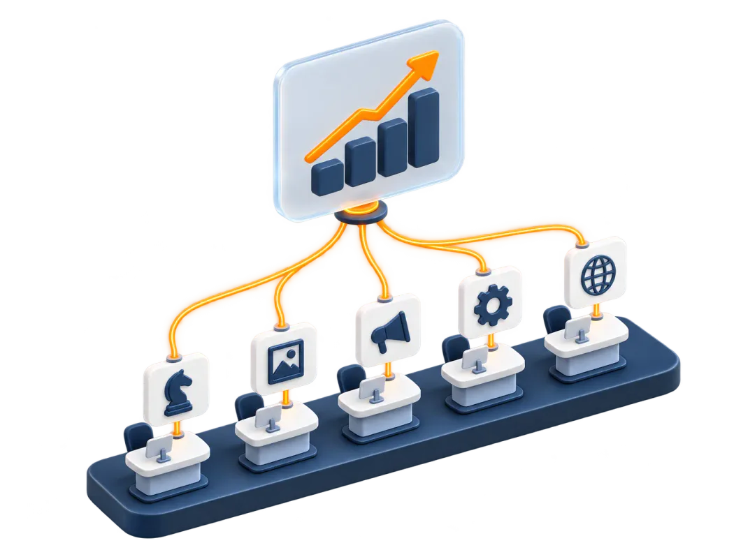 Five workstations on a platform, all connected to one shared evaluation