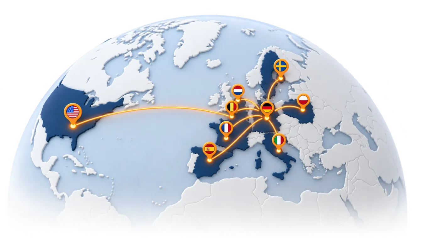 Eine Weltkugel mit Blick über den Atlantik. In Deutschland, Frankreich, Italien, Spanien, den Niederlanden, Belgien, Polen, Schweden und den USA steckt je eine Fahne. Von Deutschland laufen leuchtende Linien zu allen anderen Märkten.
